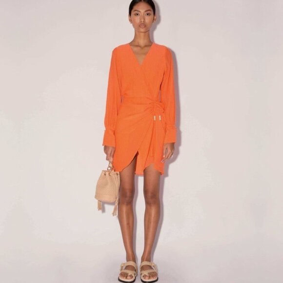 Magali Pascal Myrtle Wrap Mini Dress Neon Coral Gauze Boho Resort Chic Sz S NEW - Picture 3 of 13